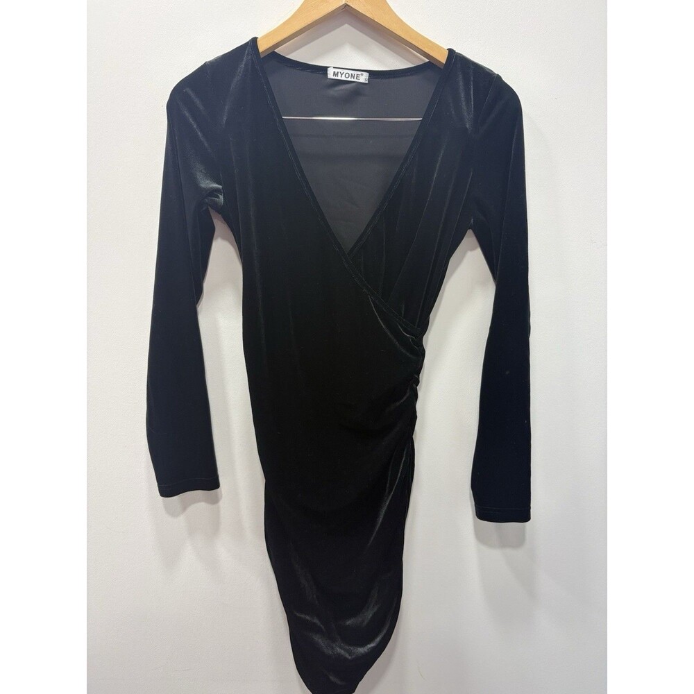 MYONE Womens Small Black Velvet Bodycon Dress Long Sleeve Ruched Wrap V Neck Y2K